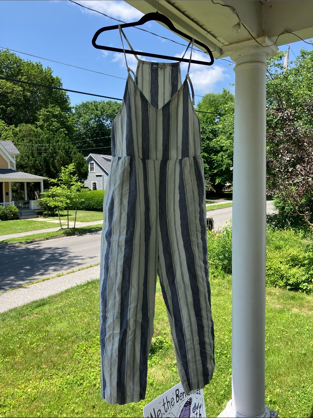 Madewell Linen Cotton Sleeveless Blue and White Striped Jumpsuit